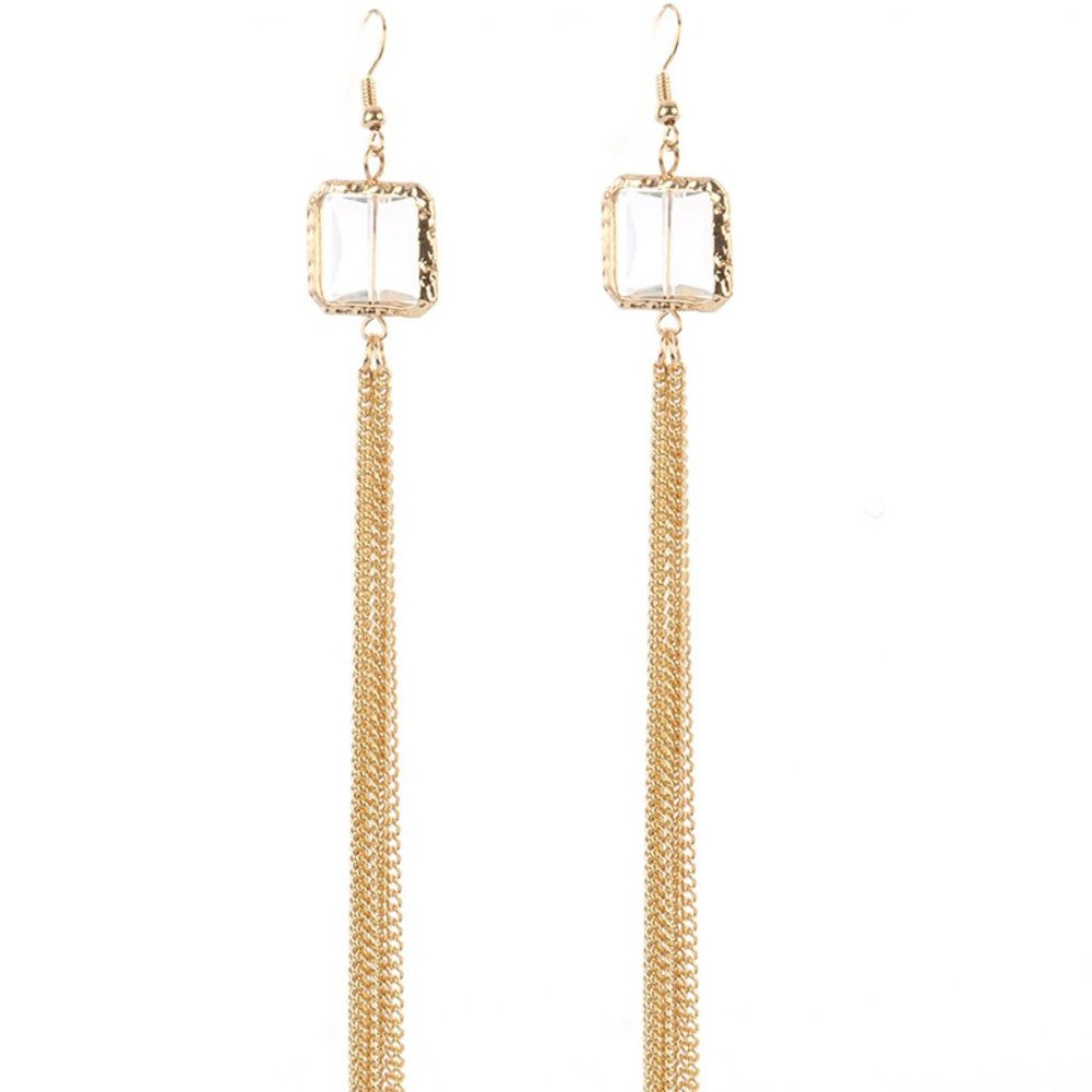 Glass Bead Chain Tassel Earrings Gold